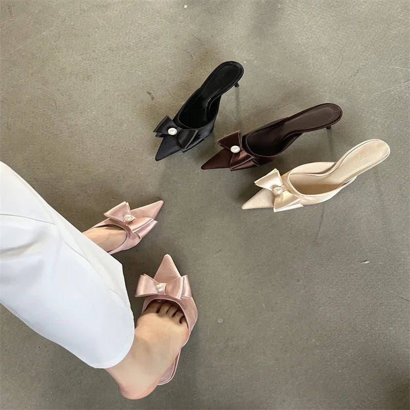Spring Butterfly-knot Women Slipper Pointed Toe Slip On Ladies Elegant Mules Shoes Low Heel Pumps