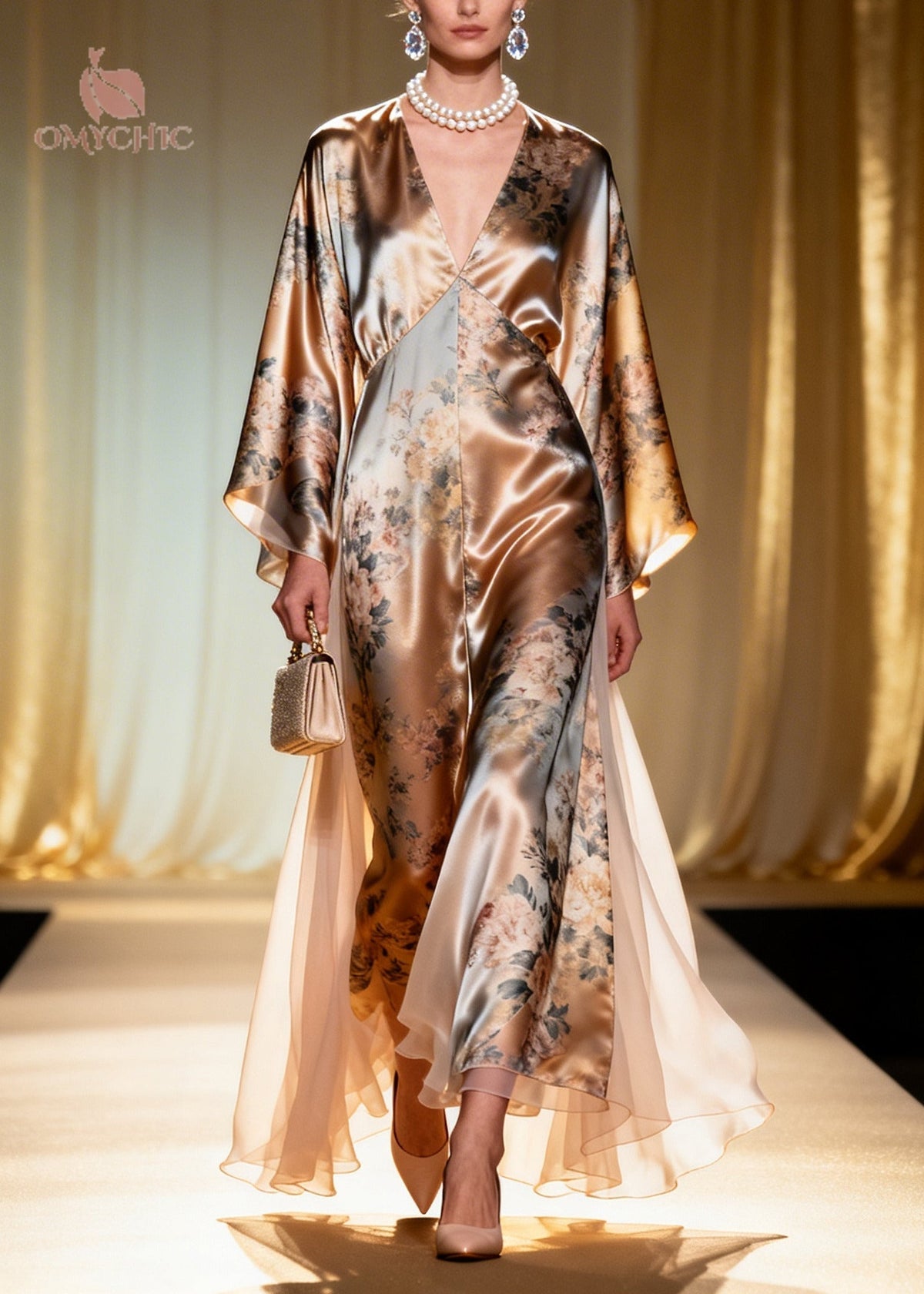 Deep V-Neck Kimono Sleeve Empire Waist Floral Print Sheer Panel Maxi Gown