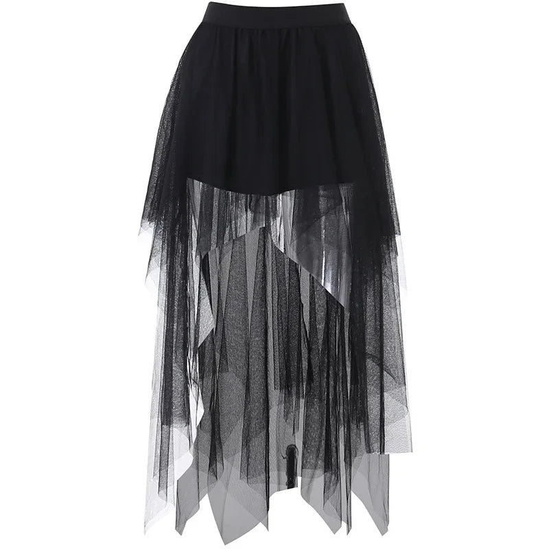 Fashion Net Yarn High-Waisted Irregular for Women Gothic Style Summer Casual Skirt