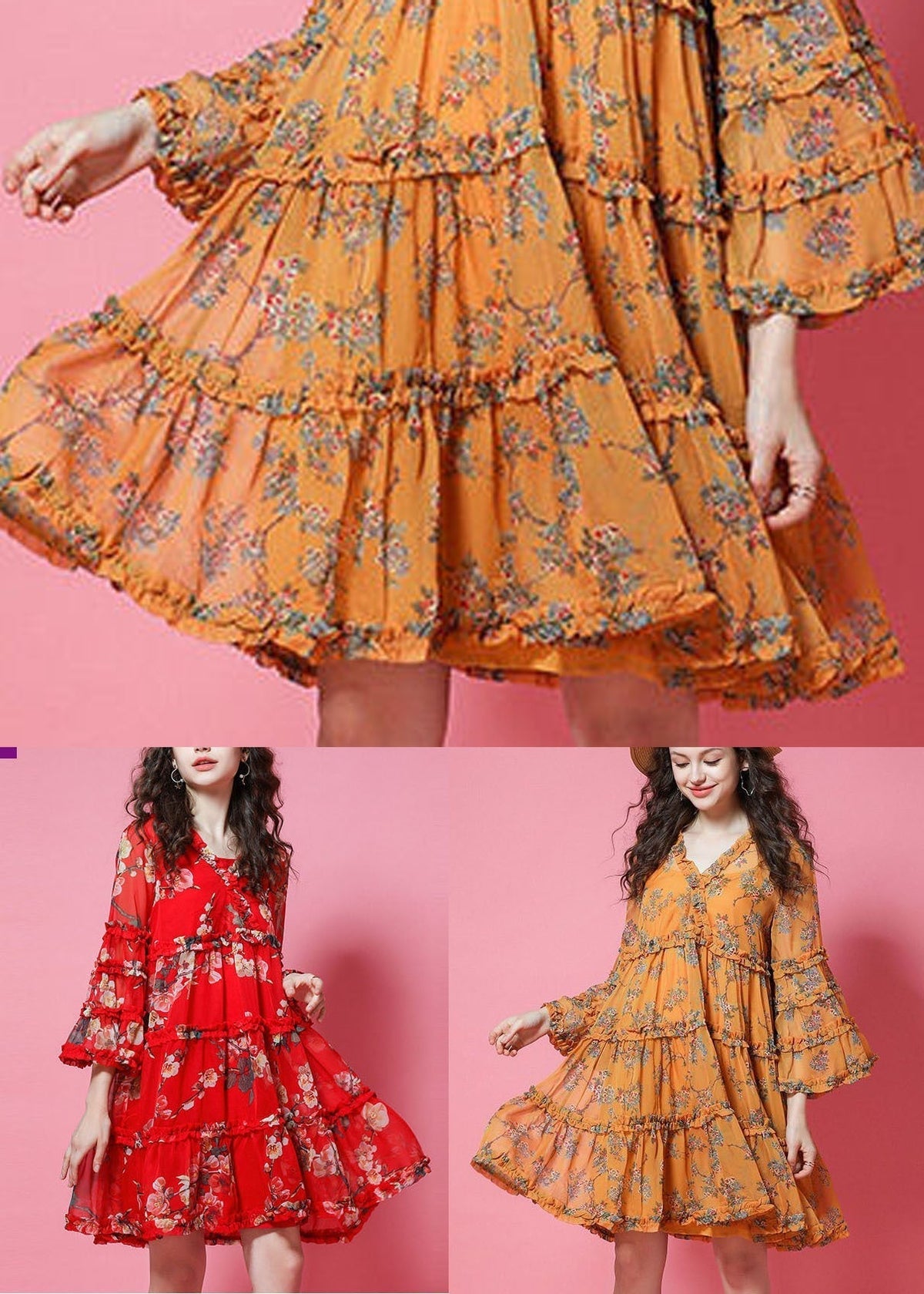 V Neck Ruffle Trim Tiered Floral Print Flared Sleeve Mini Dress