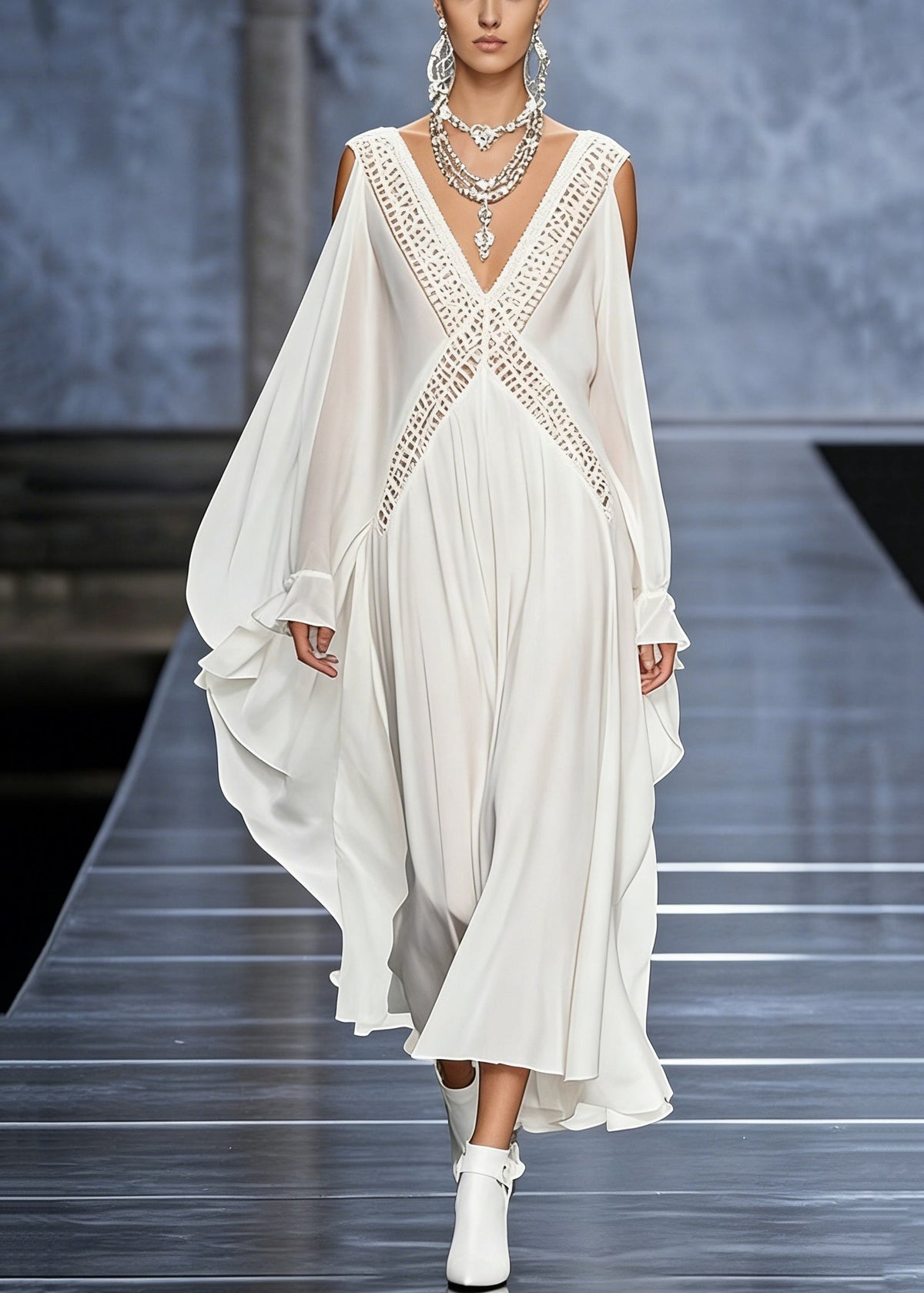 Deep V-Neck Cold-Shoulder Cape Sleeve Lattice Crochet Maxi Gown