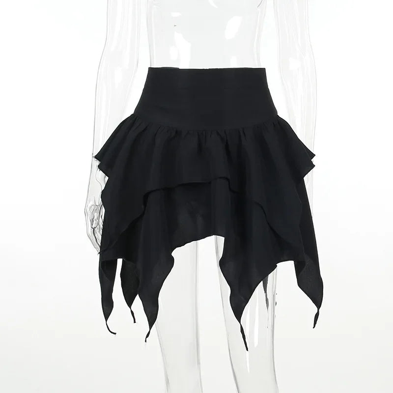 Irregular Solid Color Drawstring Tie-Up Ruched Ruffles Mini Skirt