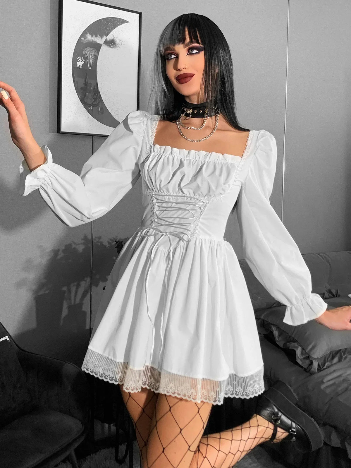 Long Sleeve Lolita Black Puff Sleeve High Waist Vintage Bandage Lace Trim Party Dress