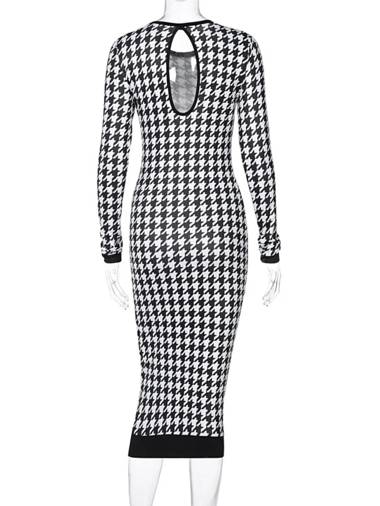 Houndstooth Long Sleeve Hollow Out Bodycon Autumn Winter Club Elegant Slim Midi Dresses
