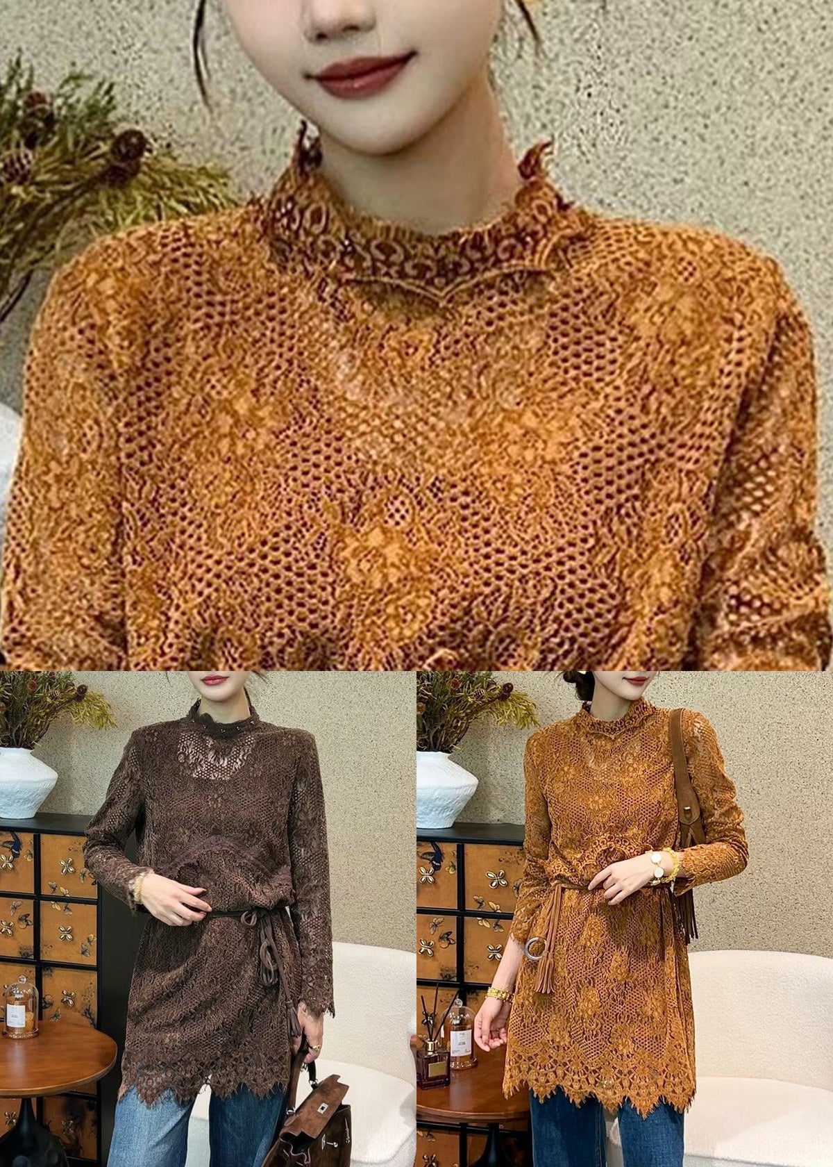 Lace Mock Neck Tassel Tie Waist Scalloped Hem Mini Dress
