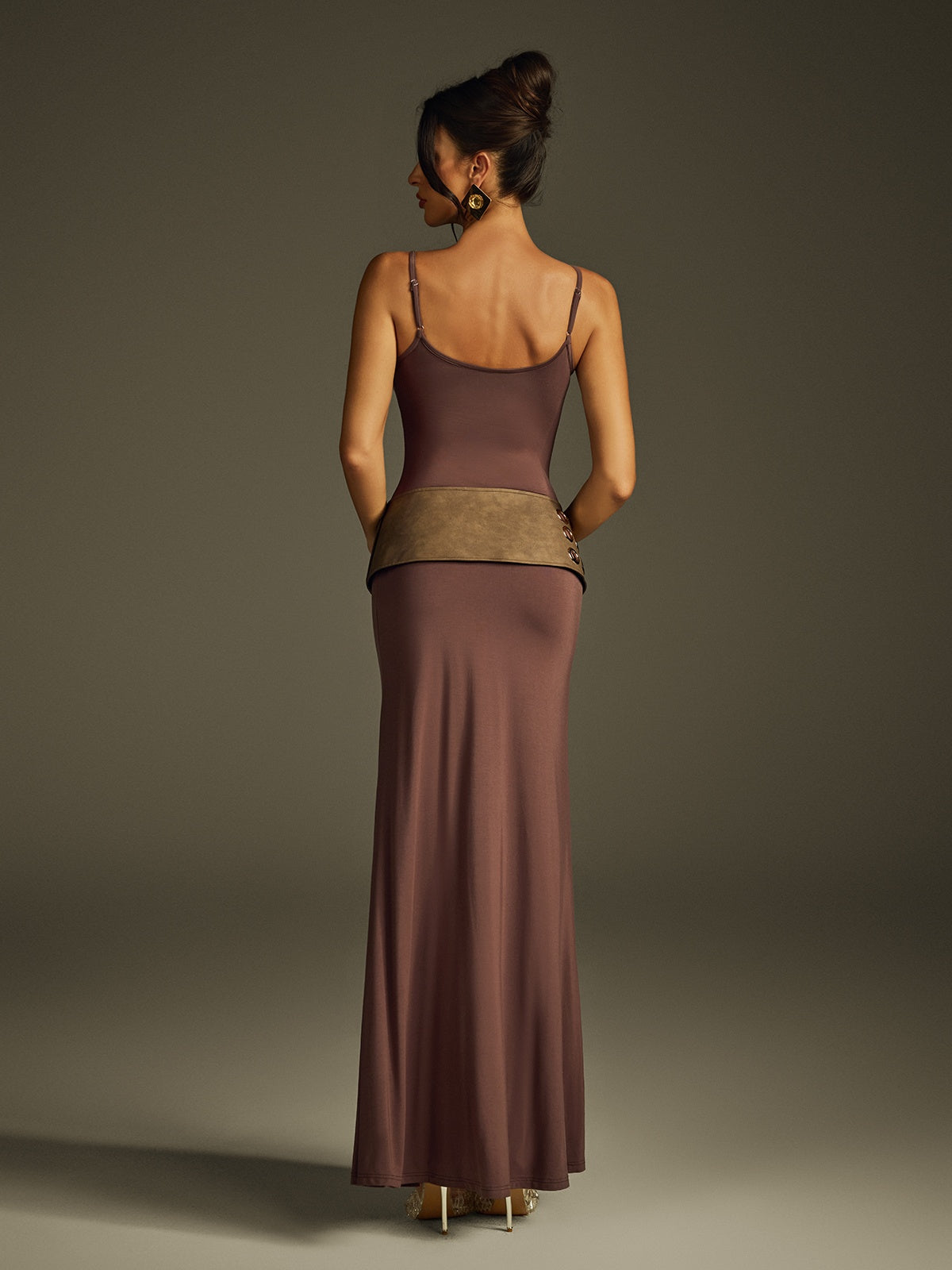 Scoop Neck Spaghetti Strap Grommet Studded Hip Band Bodycon Maxi Dress