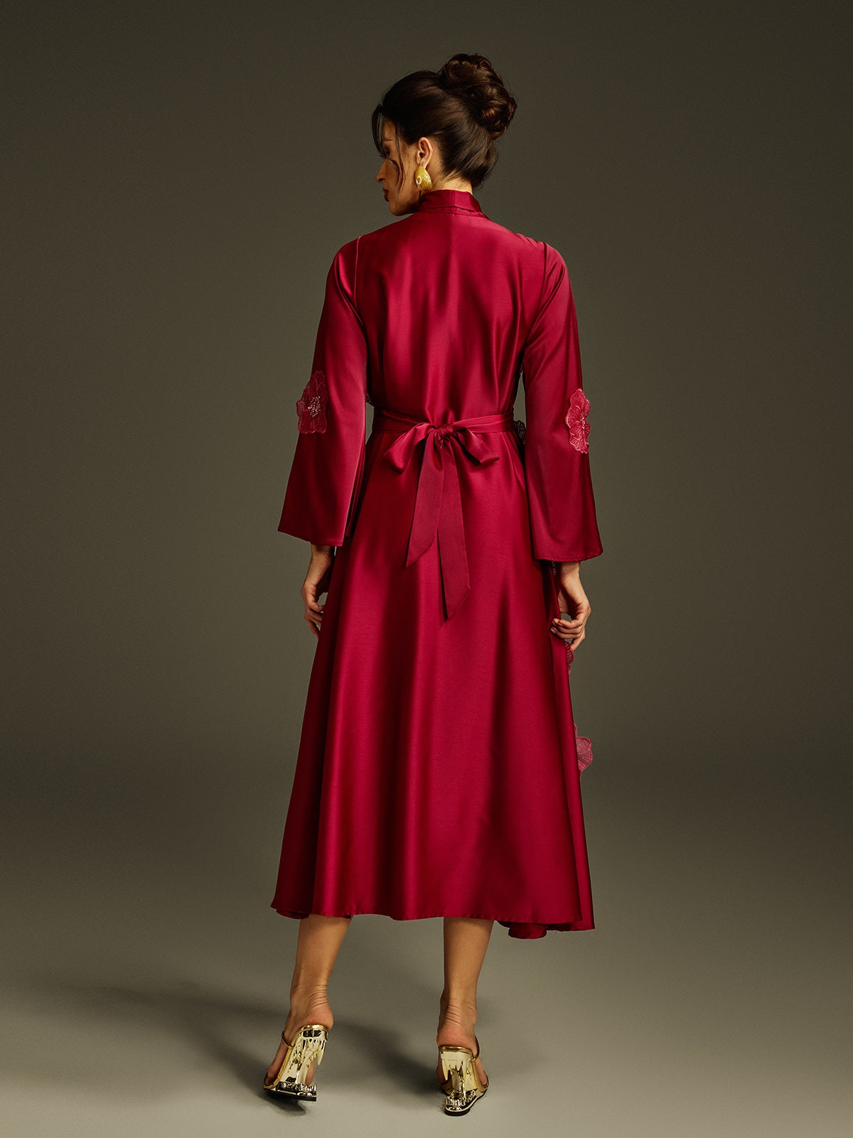 Pussy Bow Long Sleeve 3D Floral Applique Satin Midi Dress