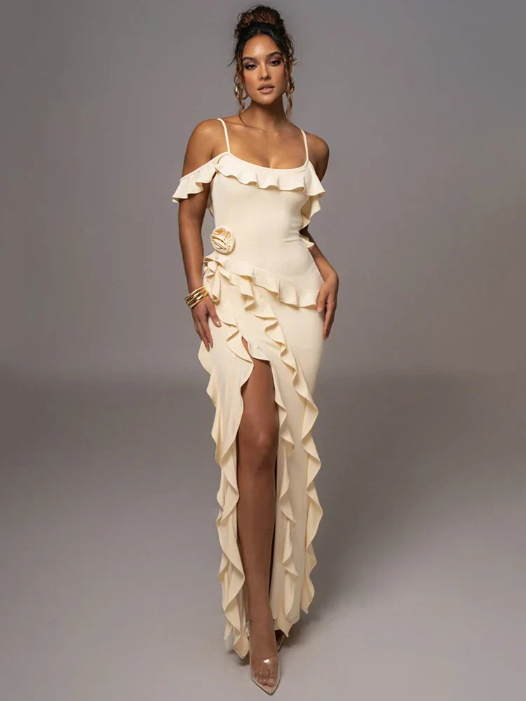 Mozision Elegant Ruffle Sexy Maxi Dress Women Spaghetti Strap Flower Party Dress