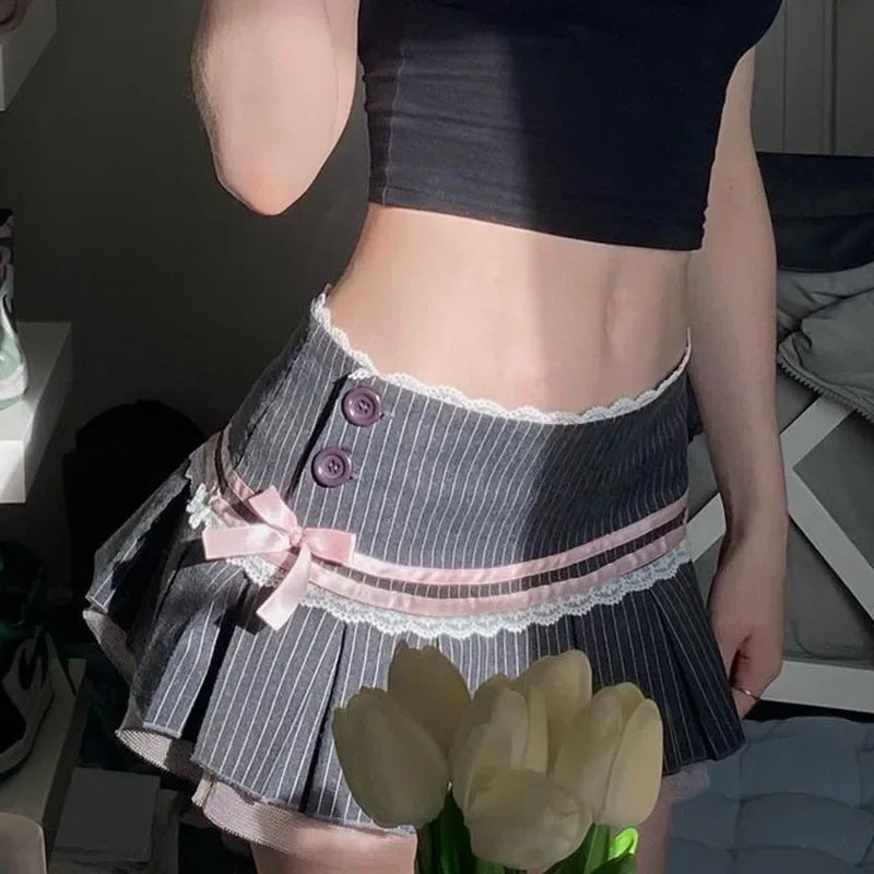 Lace Splice Bow Bandage Fashion Folds Skirt