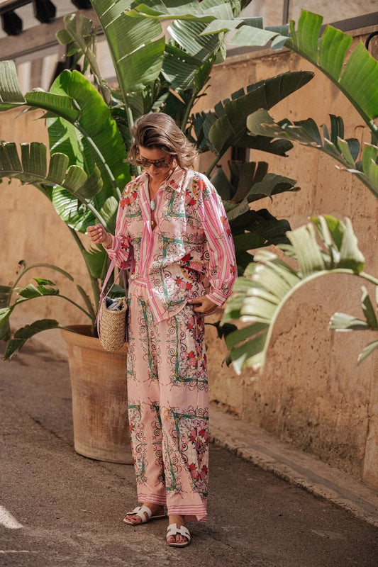 Printed macaron linen long sleeve two piece set