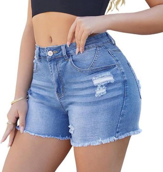 Women’s High Waisted Ripped Denim Shorts with Frayed Hem