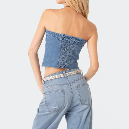 Denim Strapless Top Button Front Crop Raw Hem Detail