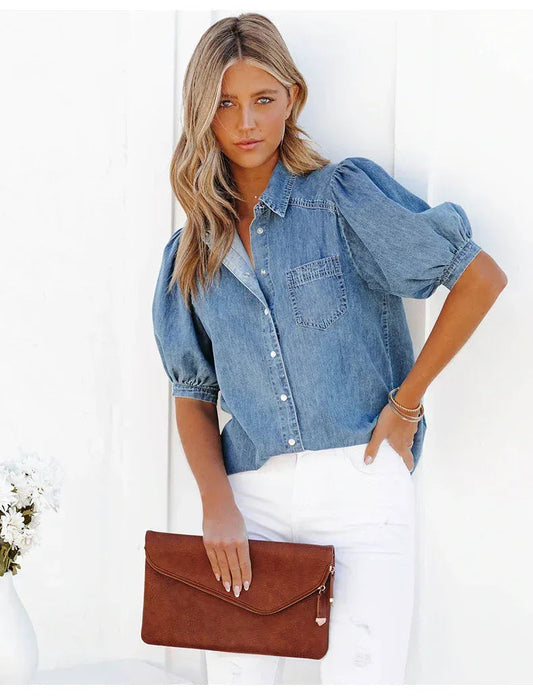 Women's Puff Sleeve Denim Upper Vest