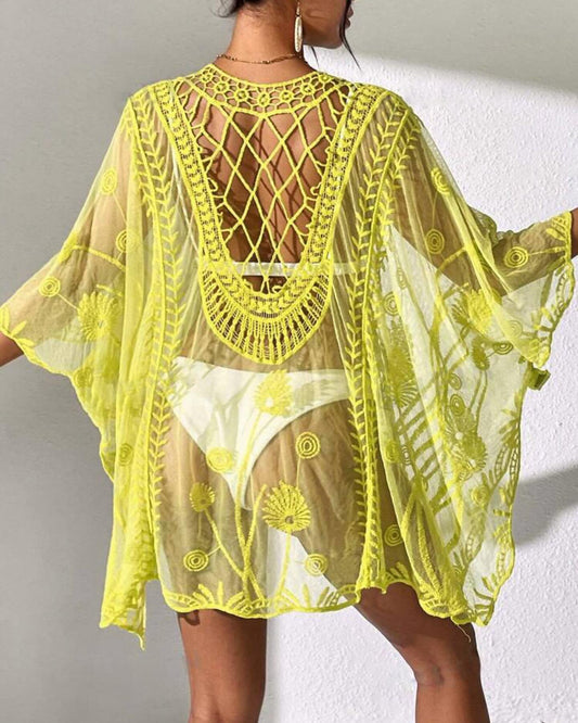 Sheer lace embroidered beach cover up cardigan