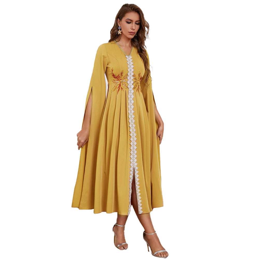 Cape Sleeve Lace Trim Floral Embroidery V Neck Maxi Gown