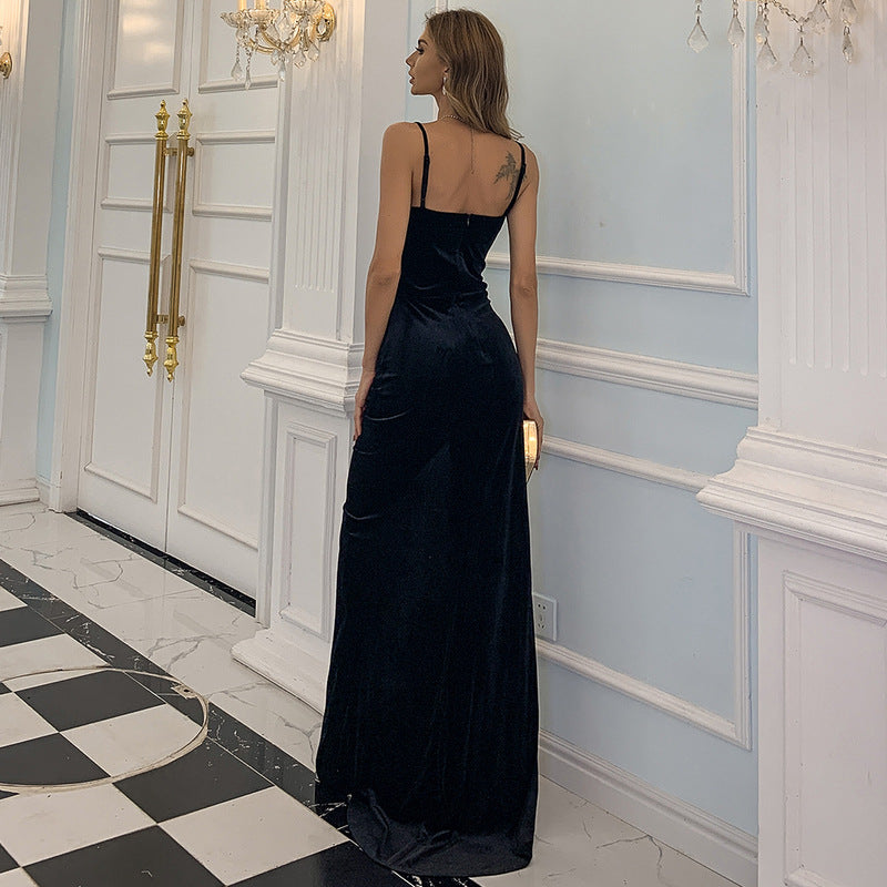 Spaghetti Strap Sweetheart Ruched Velvet Thigh Slit Floor Length Gown
