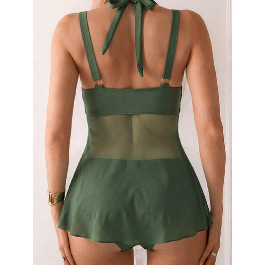 Olive Halter Mesh Swim Dress One Piece Swimsuit