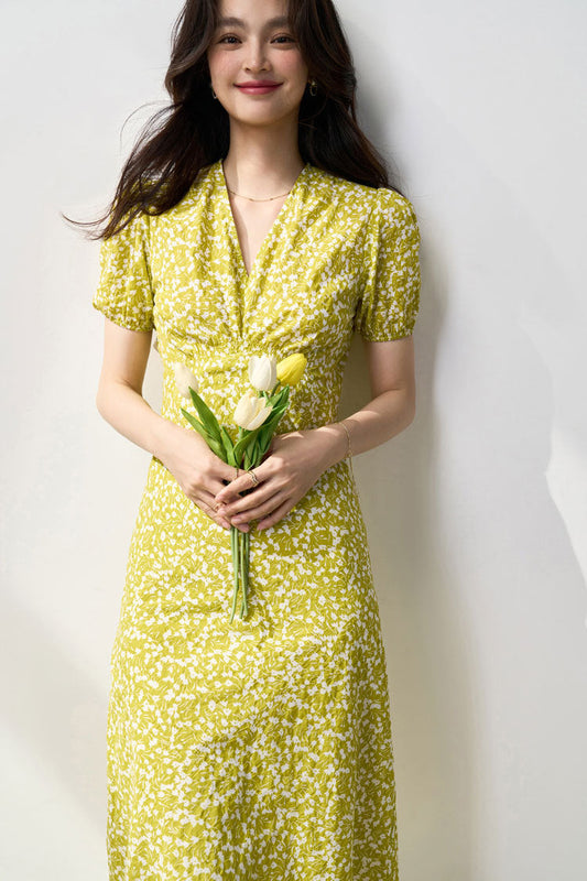 yellow floral v neck midi dress summer
