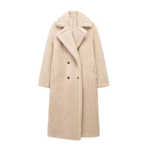 Women's extra long lambswool fleece lapel coat