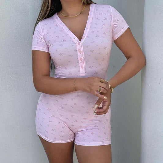 Pink Floral Slim Fit Short Sleeve V-Neck Button Jumpsuit for Women