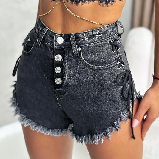 Women white denim shorts with lace up sides