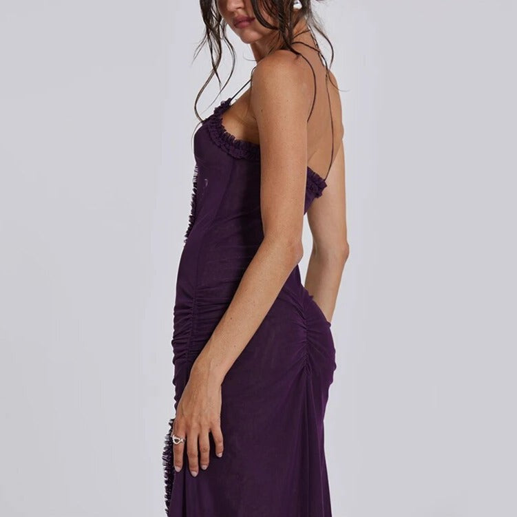 Halter Spaghetti Strap Script Print Teardrop Cutout Ruched Maxi Dress