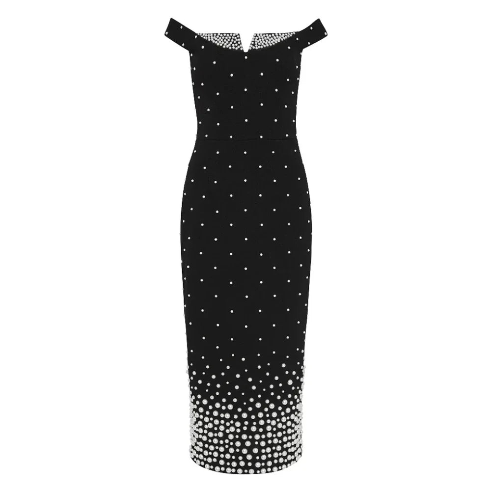 Off Shoulder Notched Pearl Beaded Gradient Hem Midi Dress