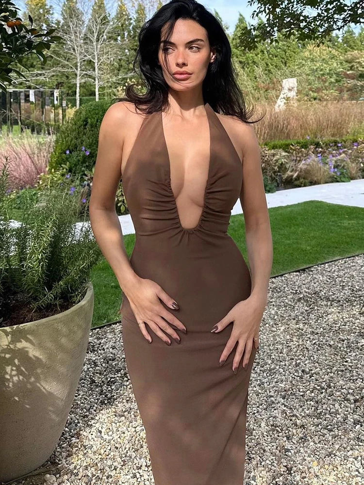 Halter Neck Extreme Plunge Ruched Neckline Bodycon Midi Dress