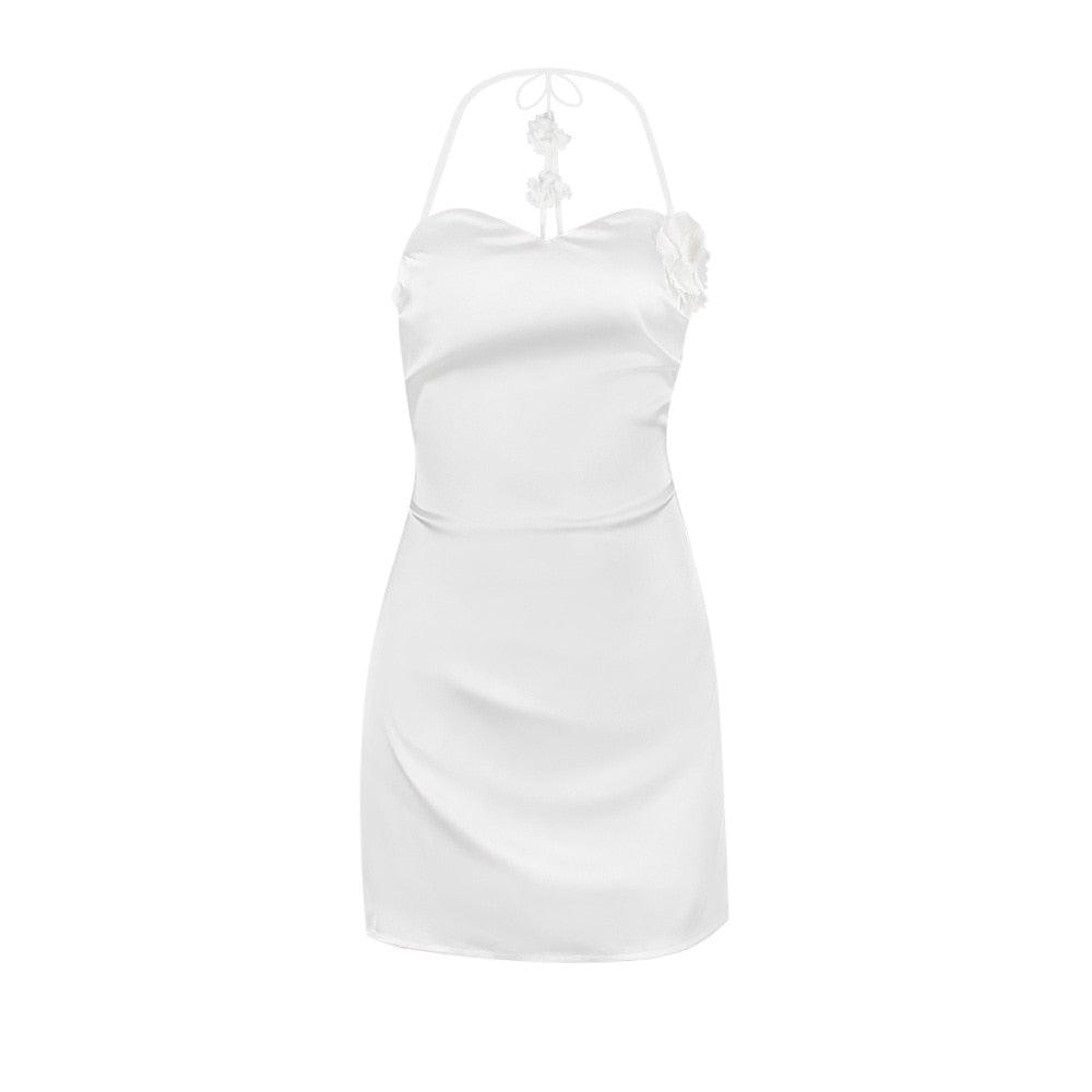 Halter Neck Rosette Trim Satin Bodycon Mini Dress