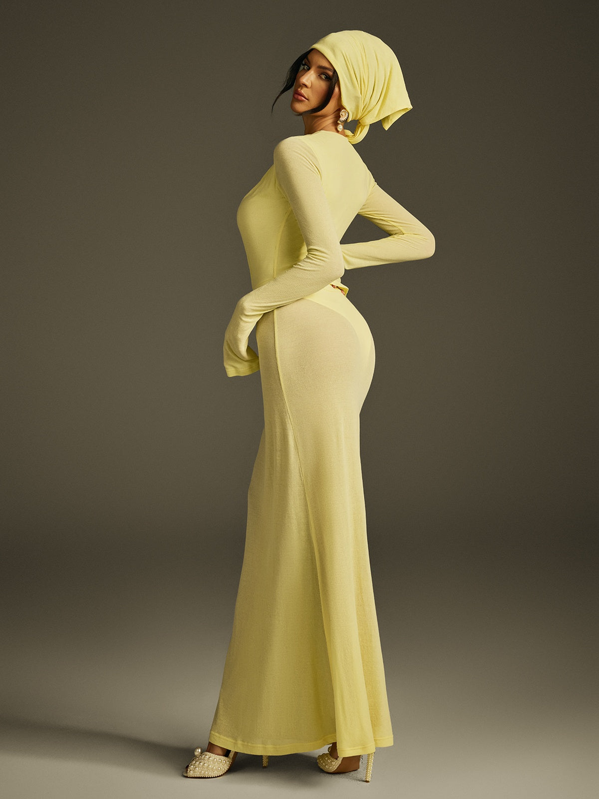 Deep V-Neck Long Sleeve Ruched Gathered Waist Headscarf Maxi Dress
