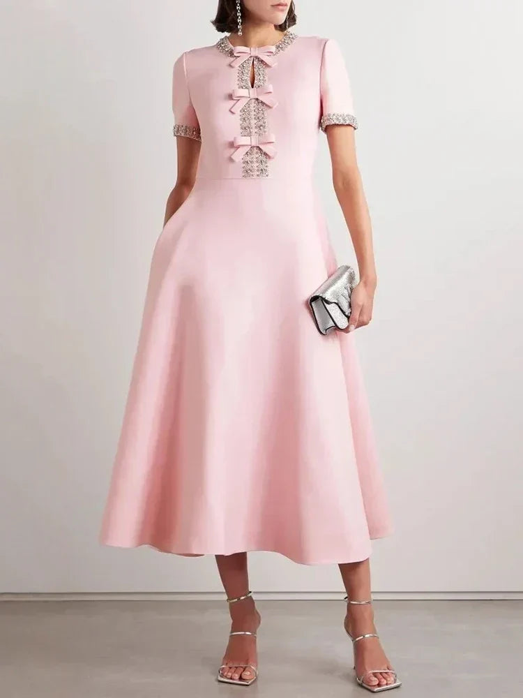 Round Neck Crystal Trim Bow Detail Short Sleeve Fit and Flare Midi Dress