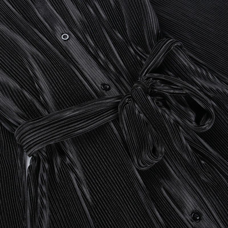 Collared Button Front Tie Waist Plisse Mini Shirt Dress