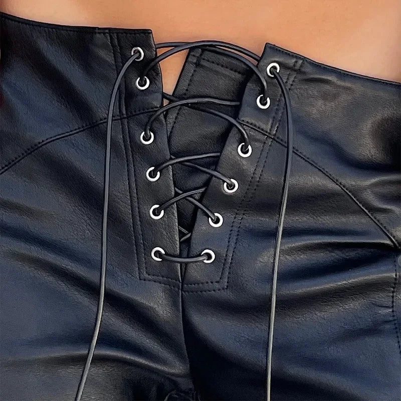 Low Waist PU Leather Slim Lace Up Hem Split Floor-Length Clubwear Pants