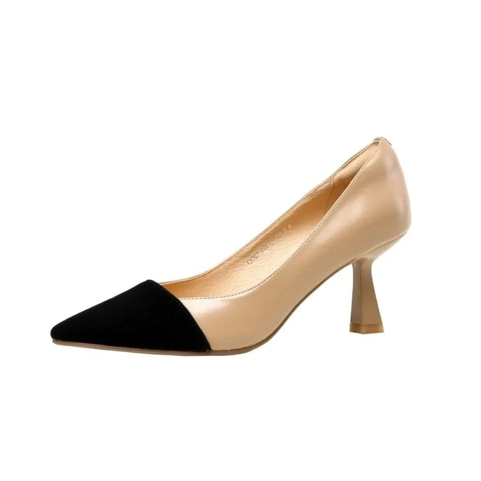 Pointed Elegant Summer Korean Fashion Apricot Black Color Block High Low Heel Pumps