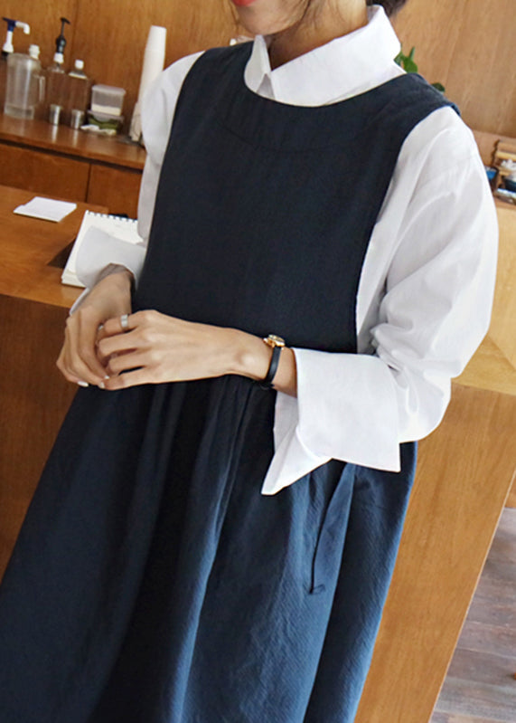 Round Neck Gathered Waist Linen Pinafore Midi Dress