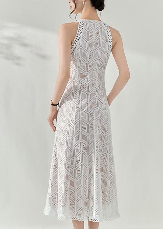 Halter Neck Geometric Diamond Crochet Lace Slim Fit Maxi Dress