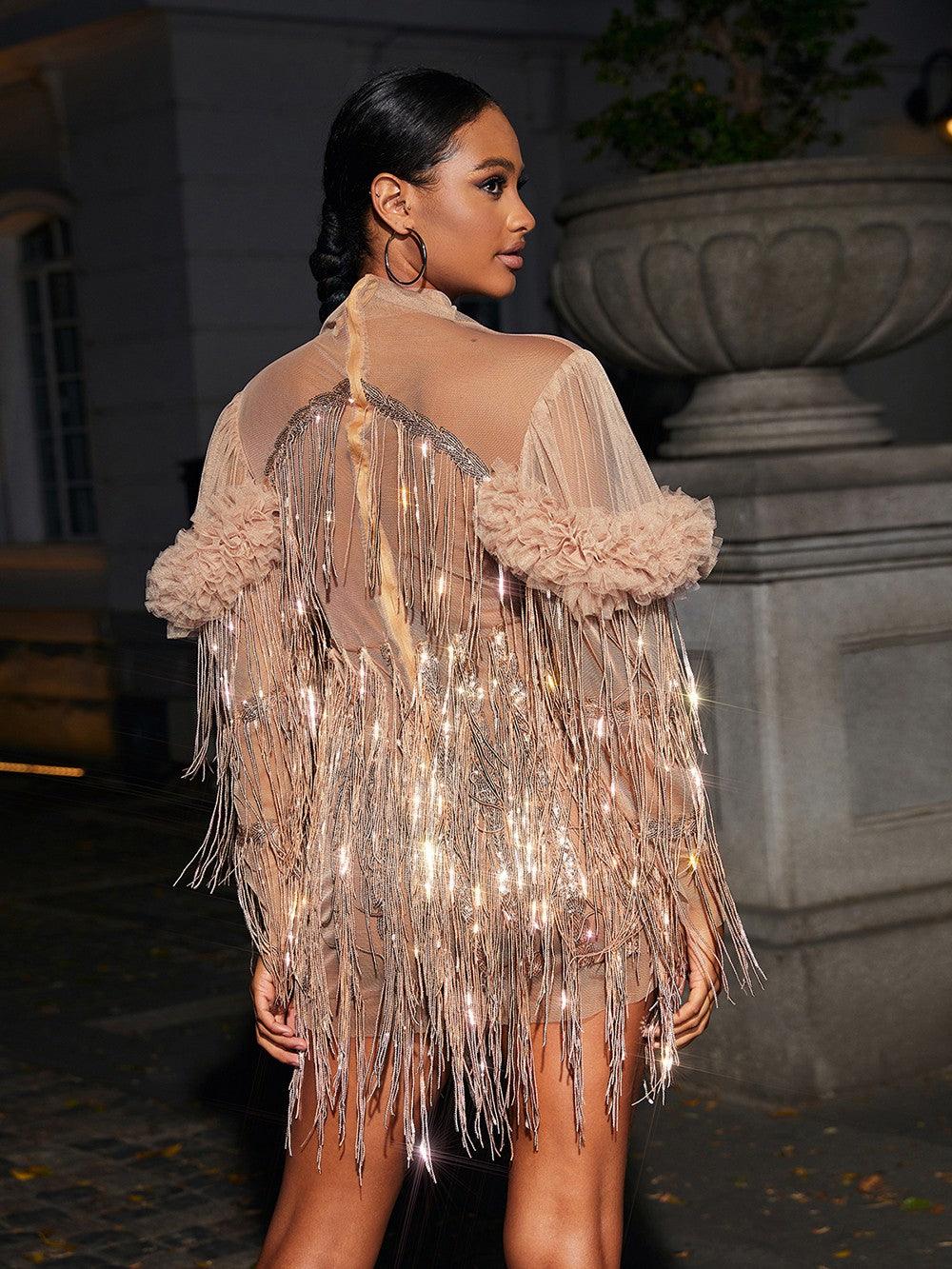 Mock Neck Ruffle Trim Shimmering Fringe Mesh Long Sleeve Mini Dress