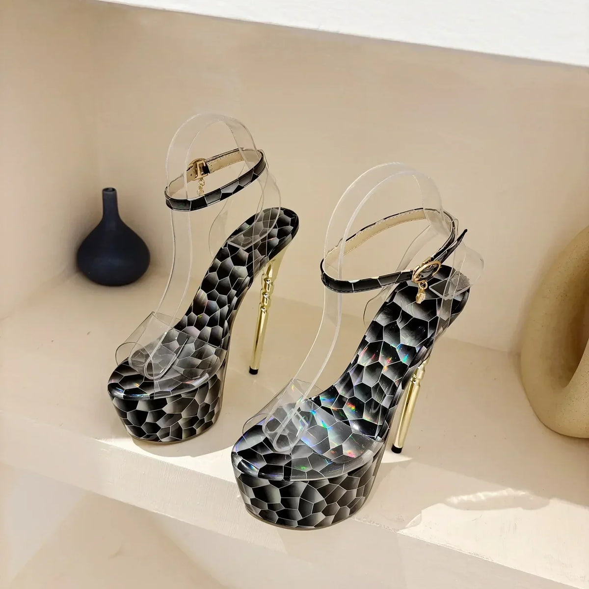 Summer Platform Sandals Peep Toe Transparent PVC Metal Thin High Heel High Heel