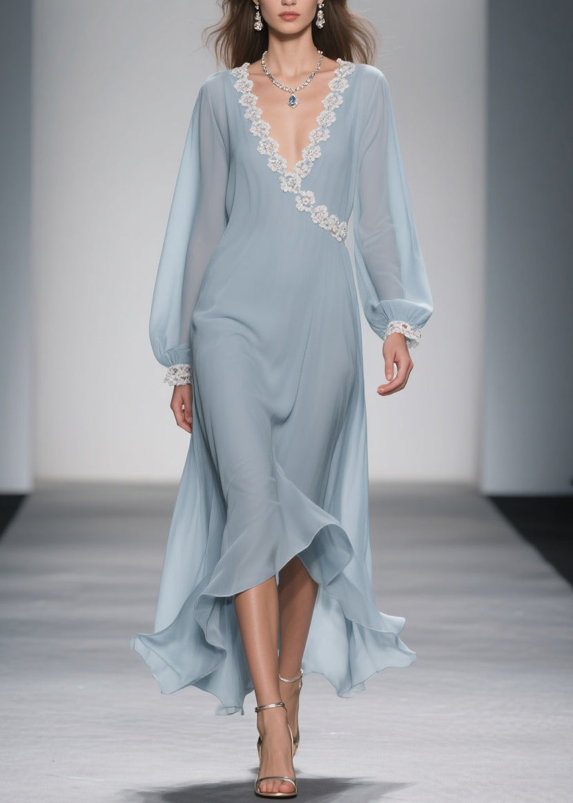 Wrap V-Neck Lace Trim Balloon Sleeve High-Low Ruffle Hem Chiffon Maxi Dress