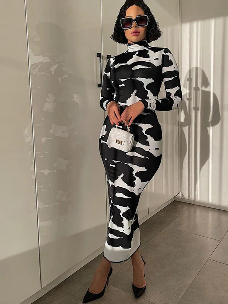 Abstract Blotch Print Mock Neck Long Sleeve Bodycon Maxi Dress
