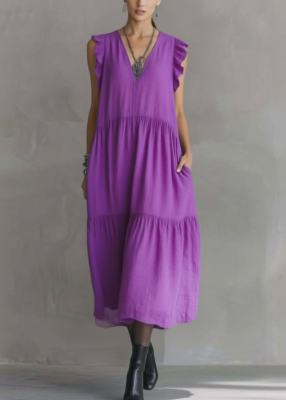 Deep V-Neck Ruffle Trim Tiered Pocket Midi Dress