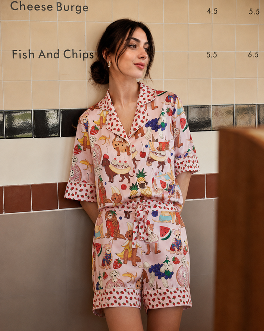 Women’s Ice Silk Pajama Set with Cute Printed Shorts