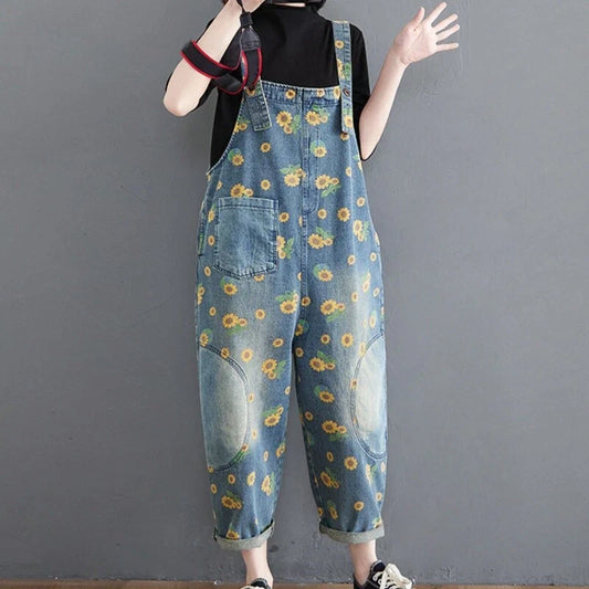 Womens denim jumpsuit with sunflower print overalls
