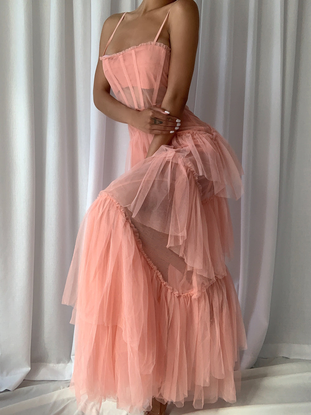 Spaghetti Strap Corset Sweetheart Ruffle Trim Chevron Tiered Tulle Maxi Dress