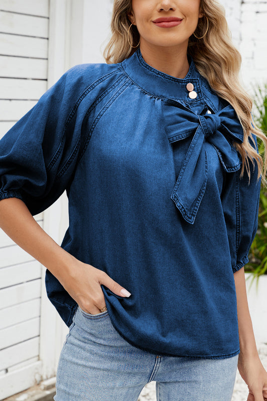 Fashionable Tie-up Bow Loose Lantern Sleeve Denim Top