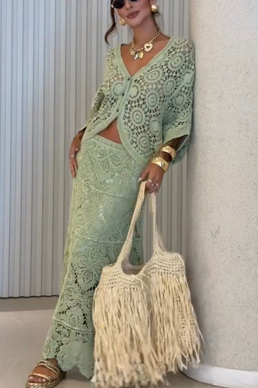 Anina Knit Crochet Cutout High Rise Elastic Waist Maxi Skirt