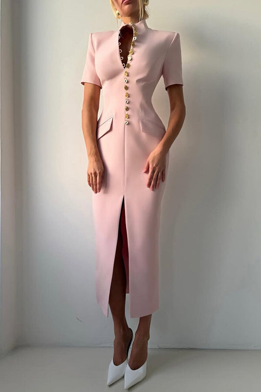 Kathy Unique Metal Pattern Buttons High Neck Short Sleeve Pencil Slit Midi Dress