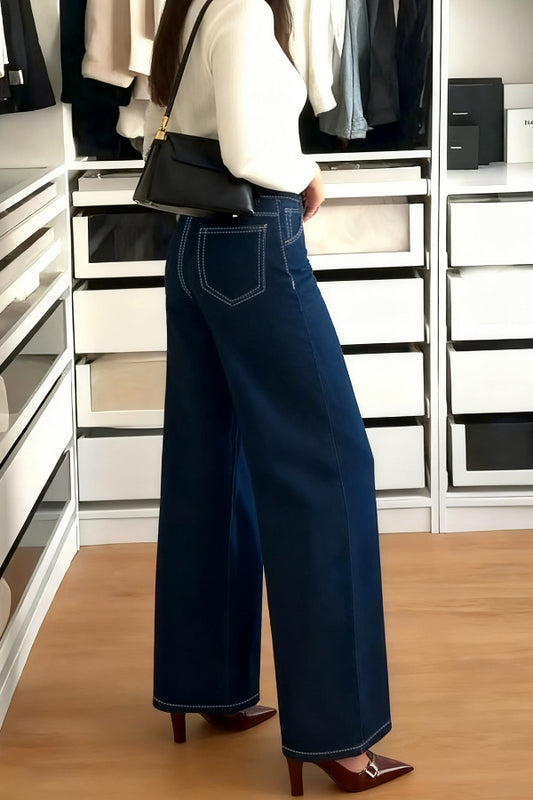 Stylish High-waisted Pocket Casual Straight-leg Wide-leg Jeans