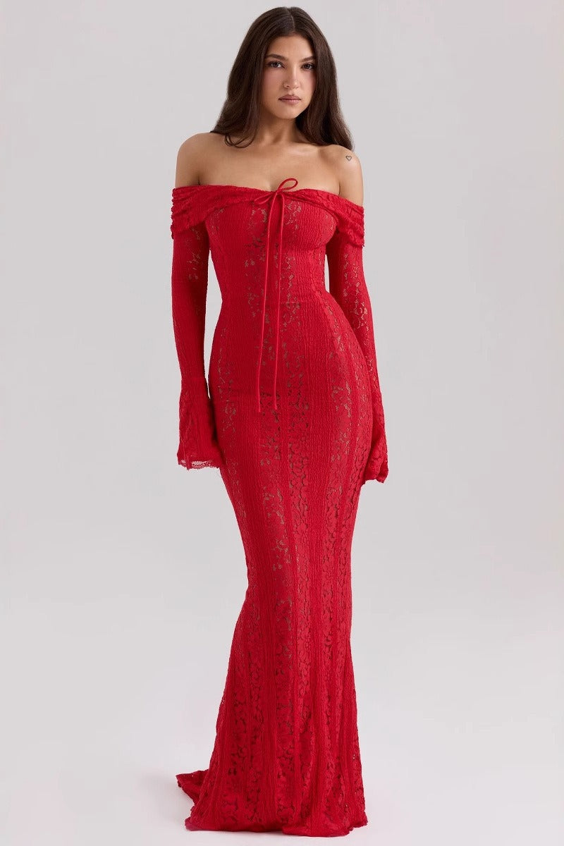 Lace Bell Sleeve Strapless Slim High Waist Formal Dress