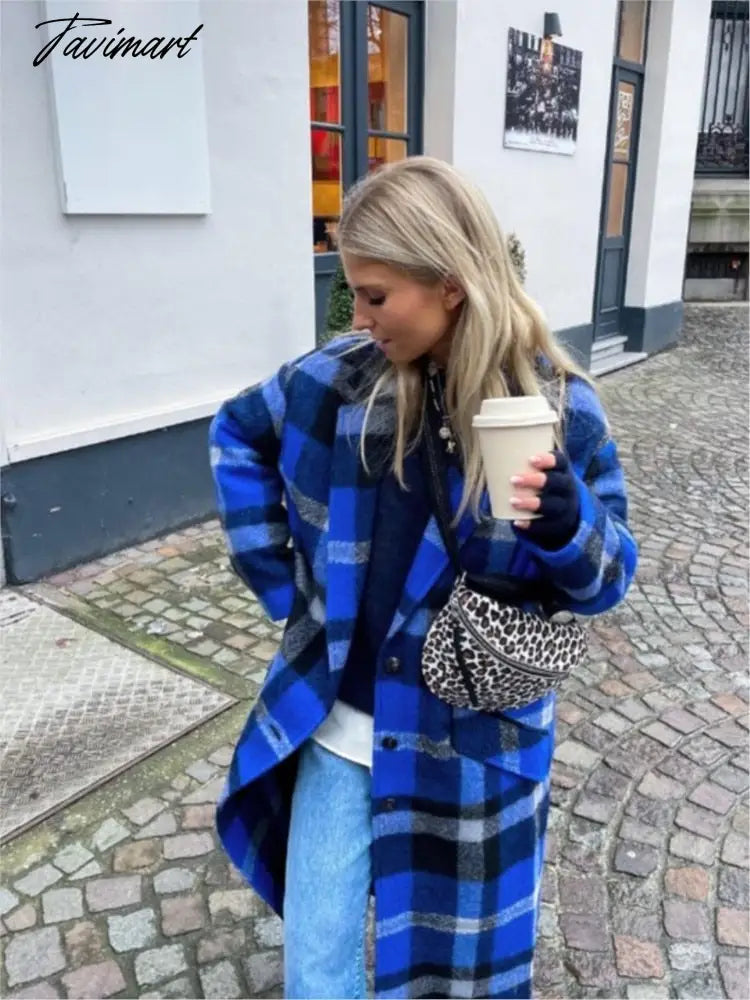 Blue Plaid Long Overcoat For Women Full Sleeve Single Breasted Cotton Pocket Coats Jacket Winter Fashion Female Outerwear